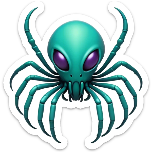 Clash of Clans aesthetic: Cinematic fierce arachnid Alien Emoji, rendered in a 3D vector-style similar to standard emojis with minimal shading and bold, simplified shapes. A compact, isometric, otherworldly creature with insectoid, organic details and subtle, eerie tentacles, softly glowing with a sinister alien charm. Simplified yet unmistakably iconic, highly detailed and consistent, glowing with a soft, spectral radiance and high shine. Stylized with a touch of bio-engineered mischief and a soft glowing outline, capturing the essence of a fearsome extraterrestrial menace with a playful twist! sticker