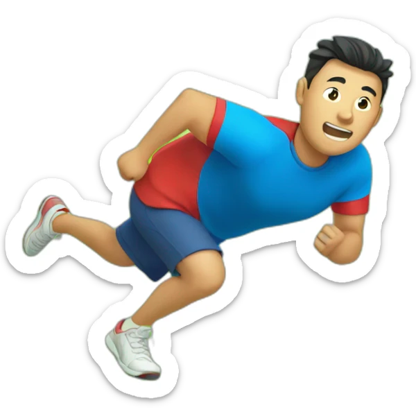 an asian man with red shirt and blue short running fast on grass land sticker