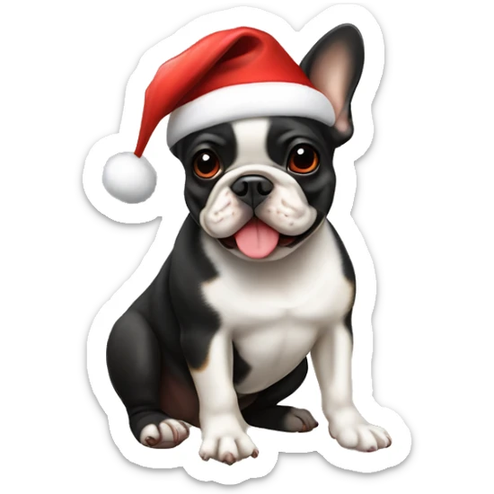 A small, black-and-tan French bulldog with a mostly black face and tan paws, wearing a classic red and white Santa hat, sitting happily with its tongue slightly out. sticker