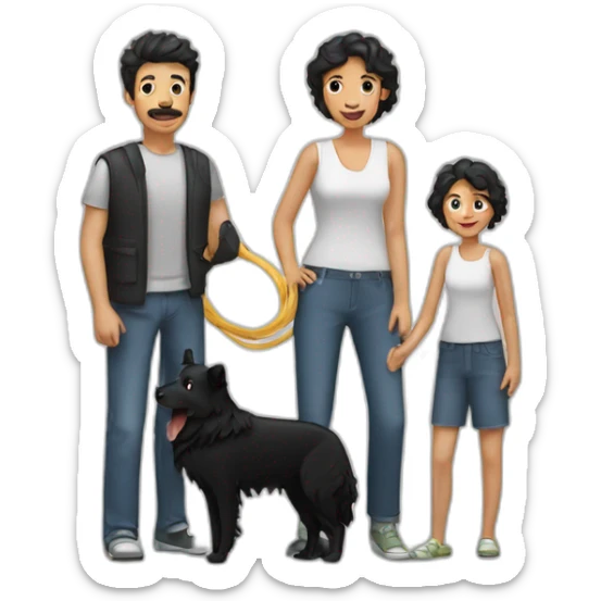 Family with a man a woman with long black hay ana a small black border collie sticker