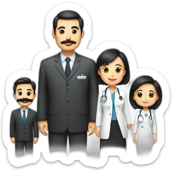 father middle age with dark brown hair and mustache and trimmed beard wearing a suit, mother asian middle age with black shoulder length hair wearing a nurse uniform sticker