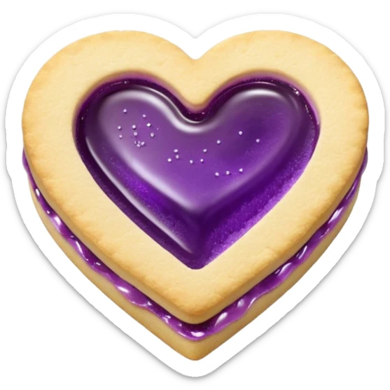 Realistic shortbread cookie in the shape of a heart with violet jelly middle filling and sprinkled powder sugar on top. sticker