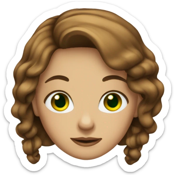 a girls with green eyes, brown hair and gold jewery sticker