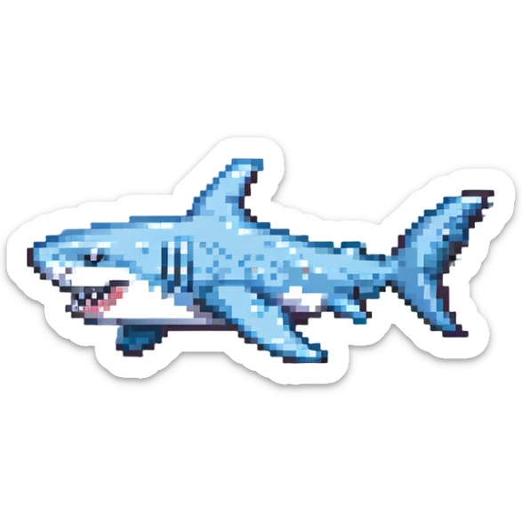 shark with legs wearing light blue Nike sneakers, pixel art style, simple details, light blue sneakers sticker