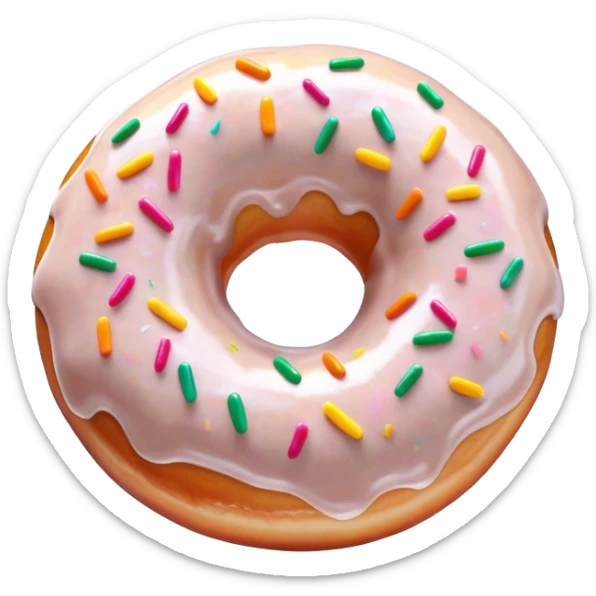 Cinematic Realistic Donut Dessert Emoji, depicted as a fluffy glazed donut with colorful sprinkles rendered with detailed textures and playful, warm lighting. sticker