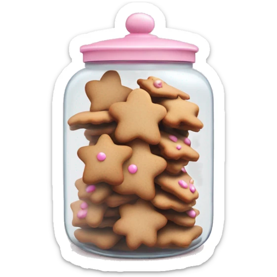 Realistic glass cookie jar with light pink lid full of gingerbread cookies isolated.  sticker
