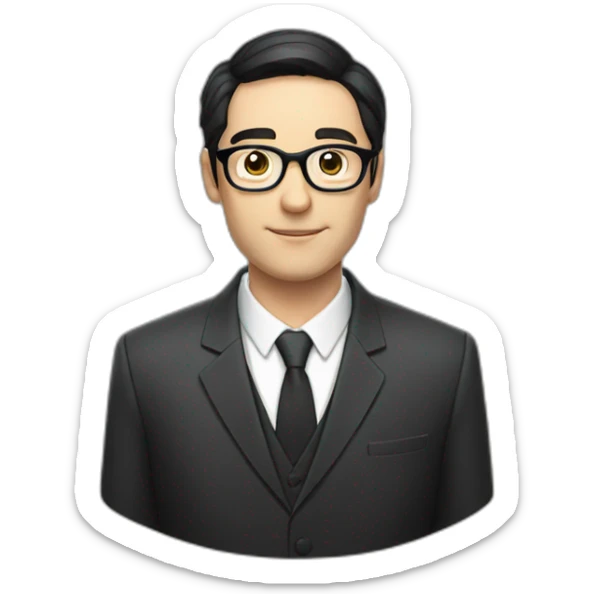 Man in a suit with black hair, pale skin, black reading glasses, and a bible sticker