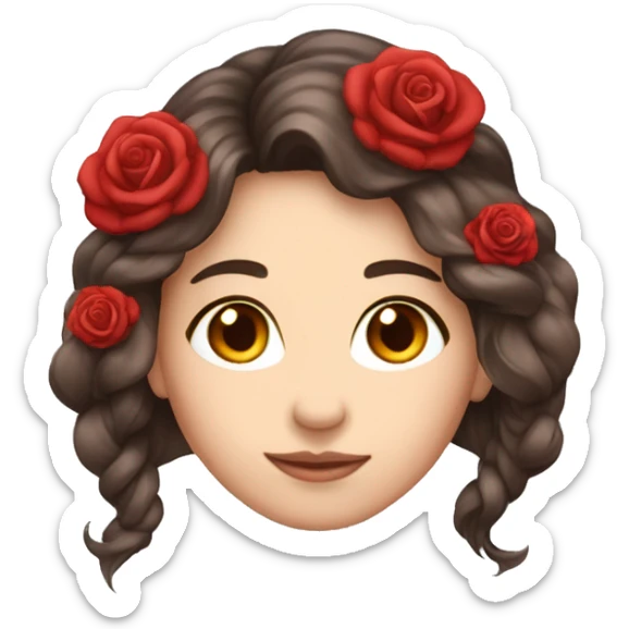 Beautiful, rose, red, flowers in hair, long dark brown hair, white fair skin sticker