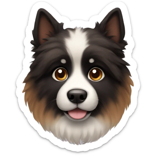 An emoji of a fluffy dog with a mix of black and brown fur, showcasing its thick coat and friendly expression sticker