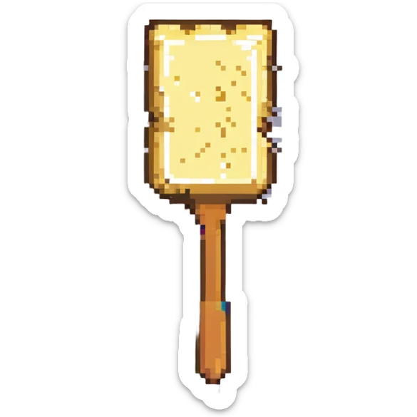 whimsical pixel art of a butter slice at an auction, raising a paddle to bid sticker