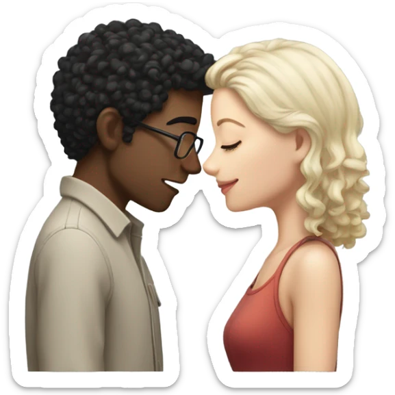 A white-skinned man with curly black hair and glasses and a white-skinned girl with brunette straight hair are kissing with their eyes closed. sticker