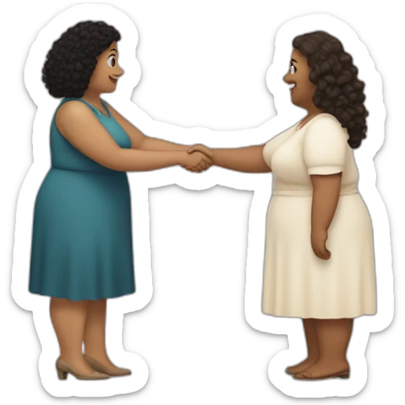 tan chubby woman with black curly hair shakes hands with a chubby pale woman who has straight light brown hair sticker