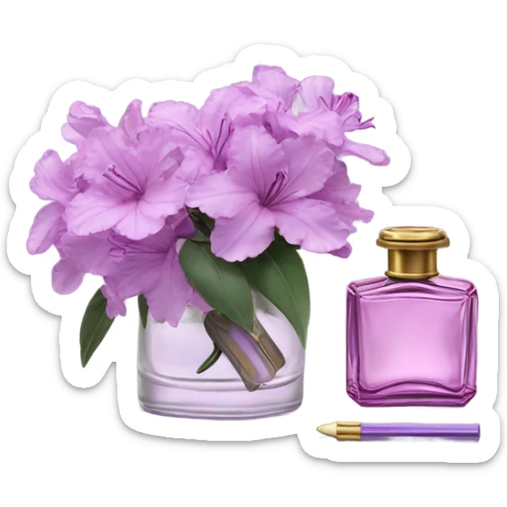 Aesthetic ensemble of soft purple azaleas alongside a charming vintage purple perfume bottle.
 sticker