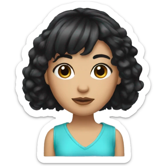 Create a emoji which has a fair girl Clear Skin  with big black hair with bangs and eyeliner.  sticker