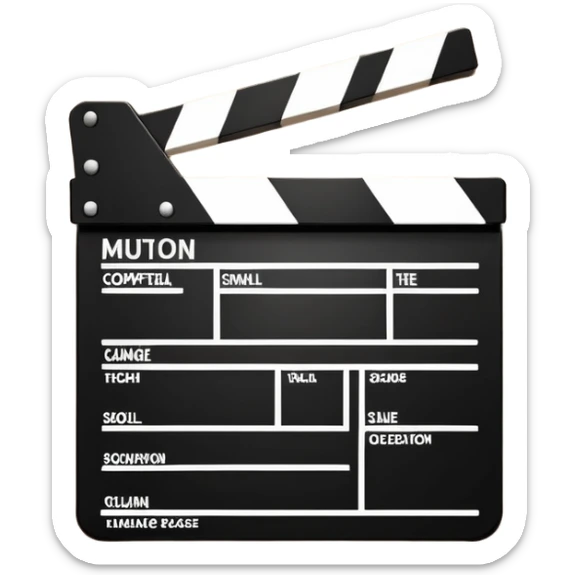 Minimalist film clapperboard, black and white, clean geometric shapes with diagonal line sticker