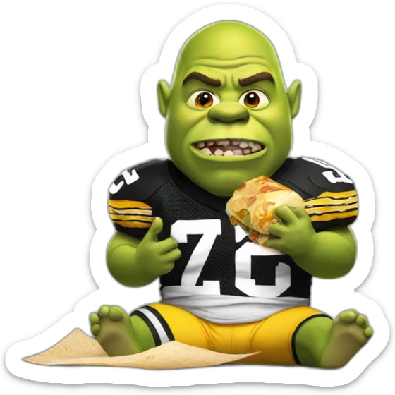 shrek wearing steelers jersey eating a burrito with a baseball bat on the other hand sticker
