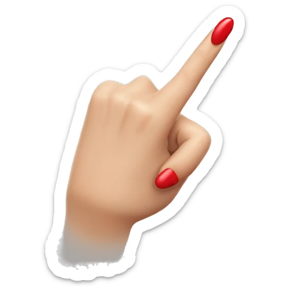 woman hand pointing index finger, red nail varnish. top of the hand is showing sticker