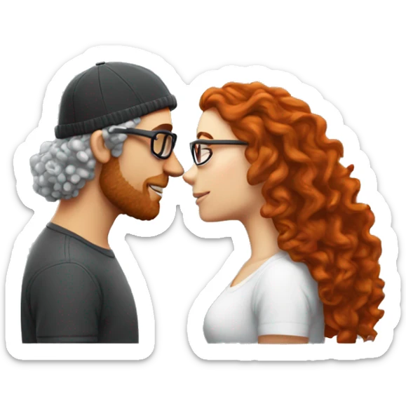 Red haired white couple kissing. Woman long hair with beanie. Man curly hair with glasses. sticker