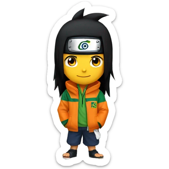 Naruto character with the brazil flag, black hair, orange jacket and smiling sticker