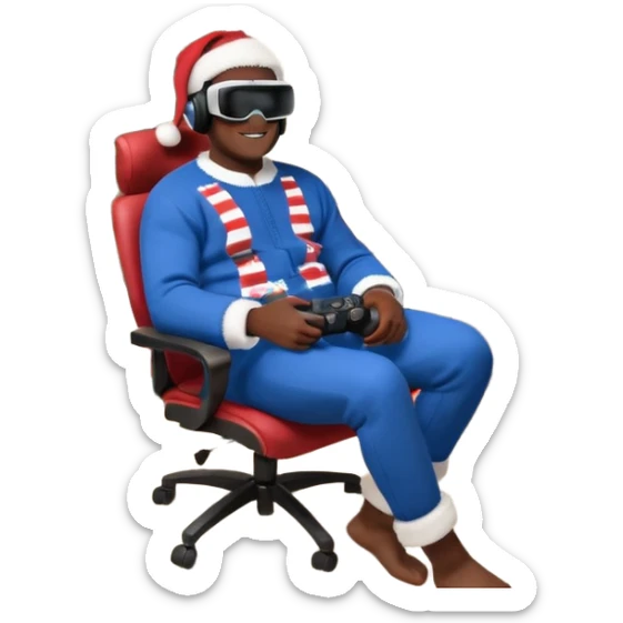 Informaticien homme noir full-body, week-end détente, assis à son bureau moderne avec ordinateur affichant du code. Il porte un casque VR et tient une manette PS 2025. À côté de lui, le Père Noël souriant, sapin illuminé et cadeaux autour. sticker