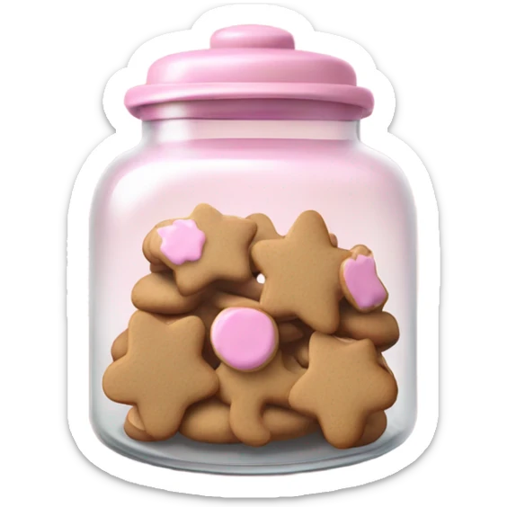 Realistic glass cookie jar with light pink lid full of gingerbread cookies isolated.  sticker