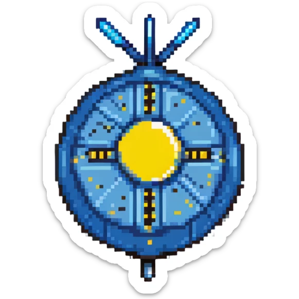 Blue digital bomb with blue antenna-like fuse at the top, round black bomb body with blue accents, pixel art style sticker