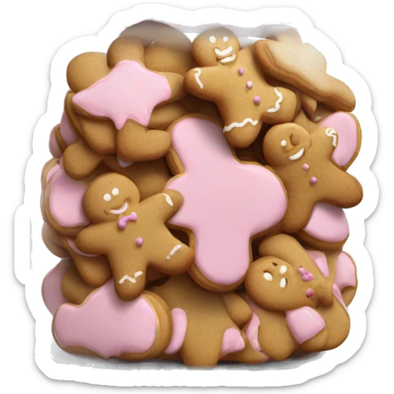 Realistic glass cookie jar with light pink lid full of gingerbread cookies isolated.  sticker