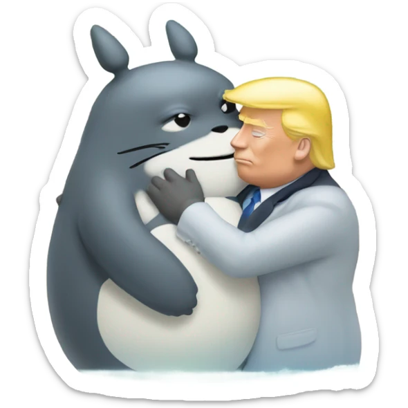 Photo realistic, Donald Trump, kissing and embracing Totoro at the beach by the pool sticker