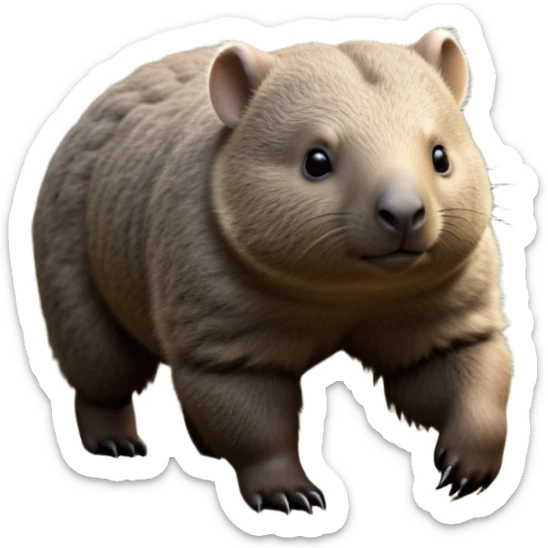 cinematic-stout wombat-realistic-full-body-waddling-emoji,-stout-muscular-frame-covered-in-coarse-brown-fur,-short-powerful-legs-trotting-determinedly-through-bushland,-round-dark-eyes-filled-with-calm-confidence,-tiny-rounded-ears-twitching-slightly,-strong-digging-claws-visible-on-sturdy-paws,-simplified-yet-realistic-focused-features,-highly-detailed,-glowing-with-a-subtle-earthy-glow sticker