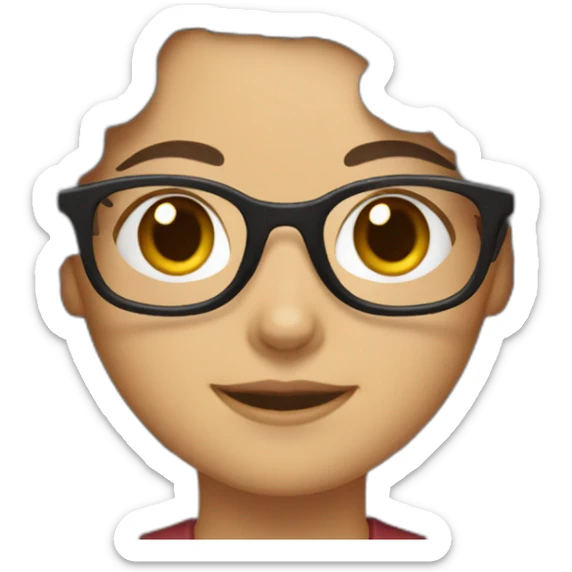 girl with short shoulder-length hair, brown with some gray hair, curly hair, red maroon glasses sticker