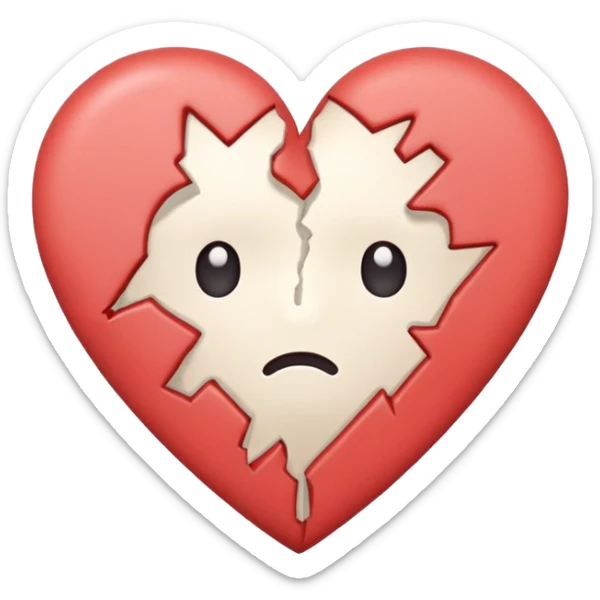 An emoji-style illustration of a broken heart with a cute plaster on it. Soft colors, slightly sad but hopeful expression, in a simple and clean cartoon style sticker