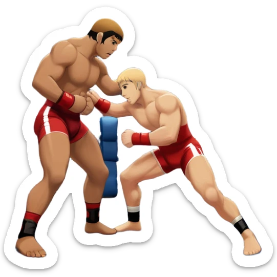 An icon depicting two wrestlers in a grappling stance on the mat, engaged in a fierce combat. One fighter attempts a takedown, while the other resists. The background shows a wrestling arena with bright lights and spectators around the edge of the ring. Transparent background  sticker
