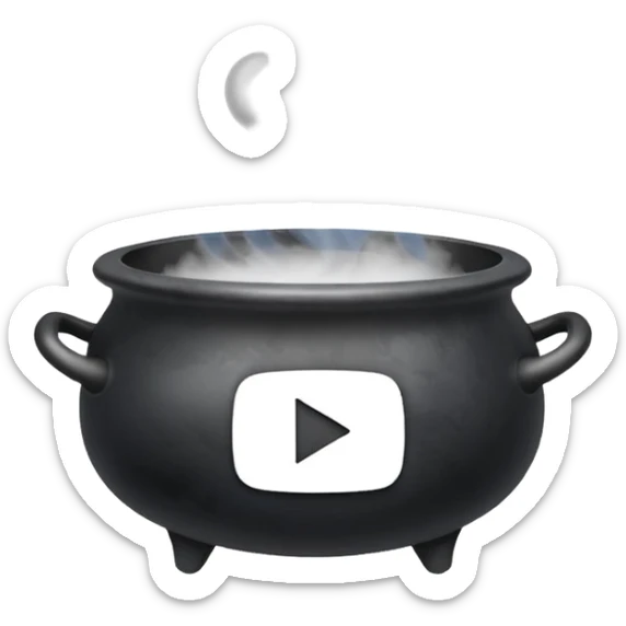 A black cauldron with lot of smoke rising, and the white YouTube play button logo floating above the smoke sticker