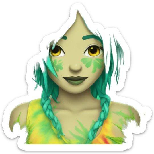 420 Tie dye hippie person flower crown tattoos hemp leaves cyan green yellow hazard stripes dark colours sticker