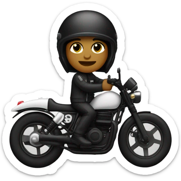 Un motorista blanco en moto custom negra con ropa negra con casco negro y un sieste blanco en  el casco sticker