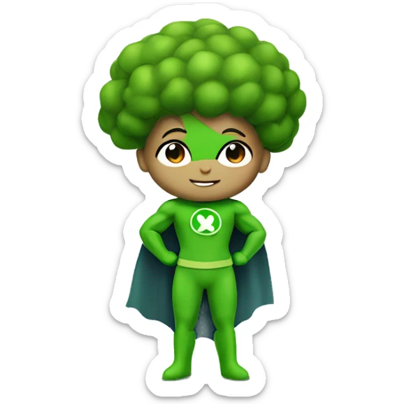 cute mini superhero with green clothes and a broccoli as hair,  full body saying hello sticker