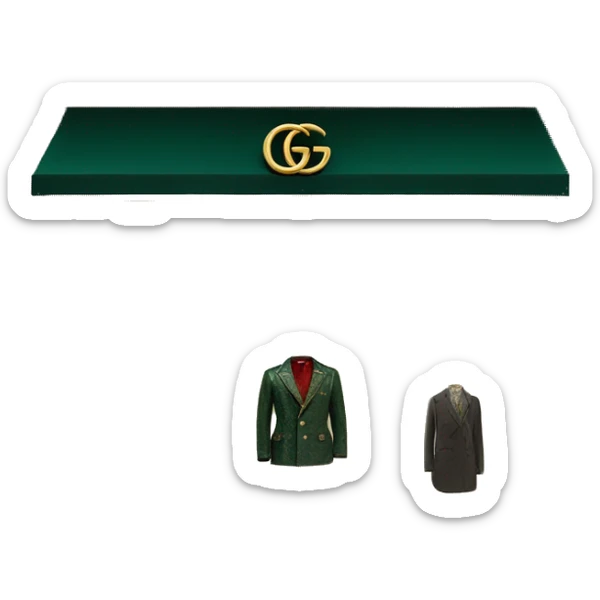 “Gucci store exterior with gold logo above entrance, large glass windows displaying luxury fashion, and elegant double doors.” sticker