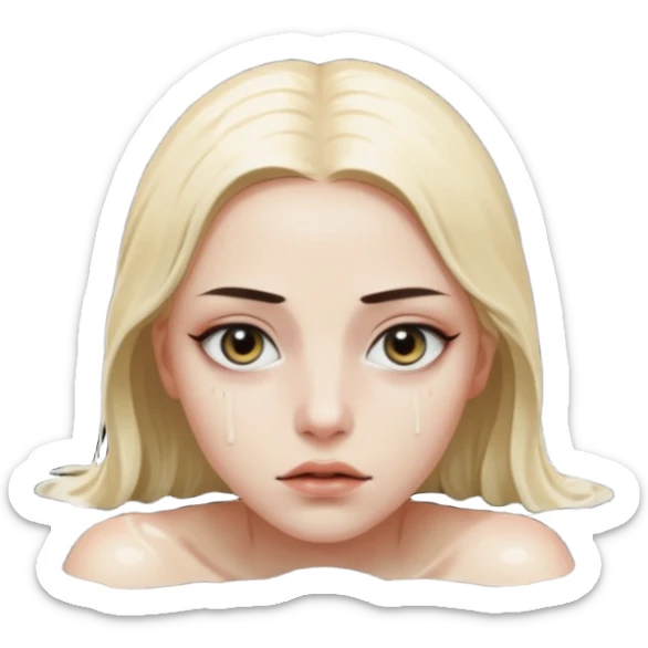 Woman submerged in black water, wet skin and eyes above surface, silent invitation sticker