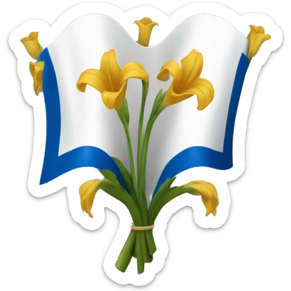 white flag with blue arm of coat with 6 golden lilies 3 on each side with a white bande separating it  sticker