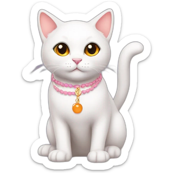 full body white orange cat cute with a small black eyes and a paw pink necklace sticker