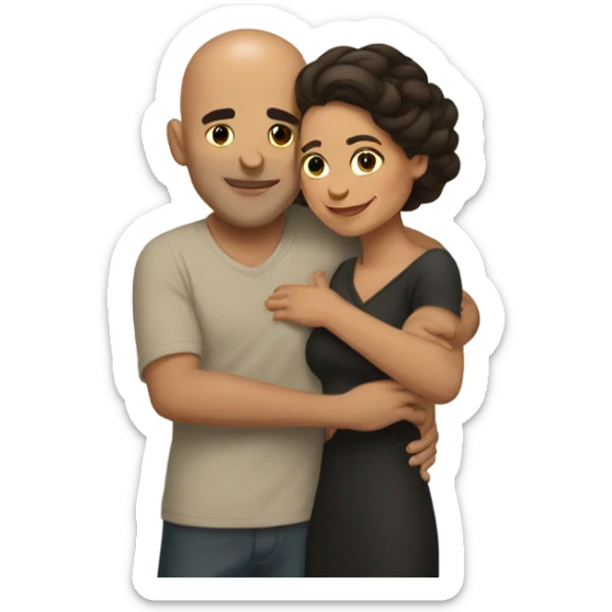 Comforting hug from brunette Puerto Rican woman to shorter bald male sticker