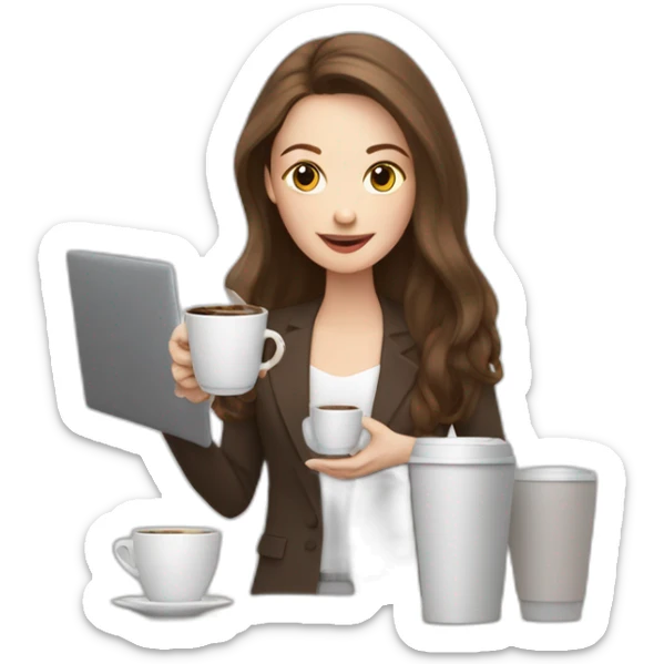 woman with pale skin and long brown hair behind a computer juggling with coffee cups sticker