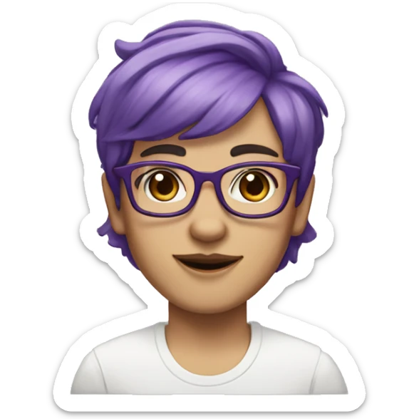 Non binary person with white skin, square glasses, purple hair in a short pixi mullet, brown eyes and a smile  sticker