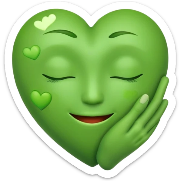 green face emoticon with closed eyes hugging a green heart, expressing care and support sticker