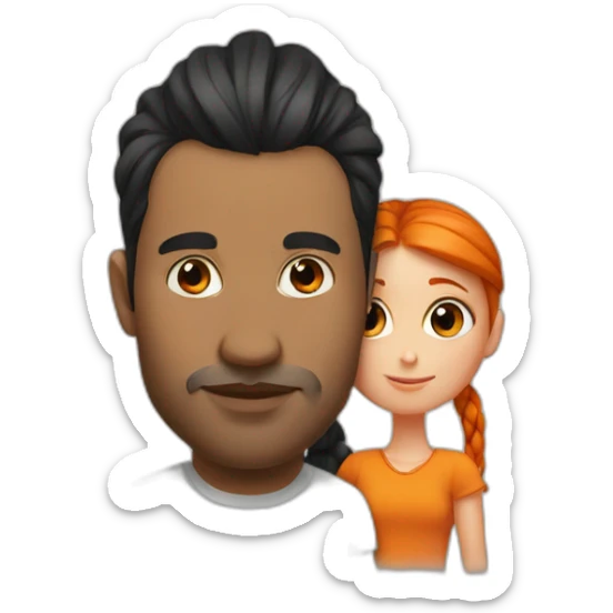 Man with black hair bun kissing a girl with orange hair sticker