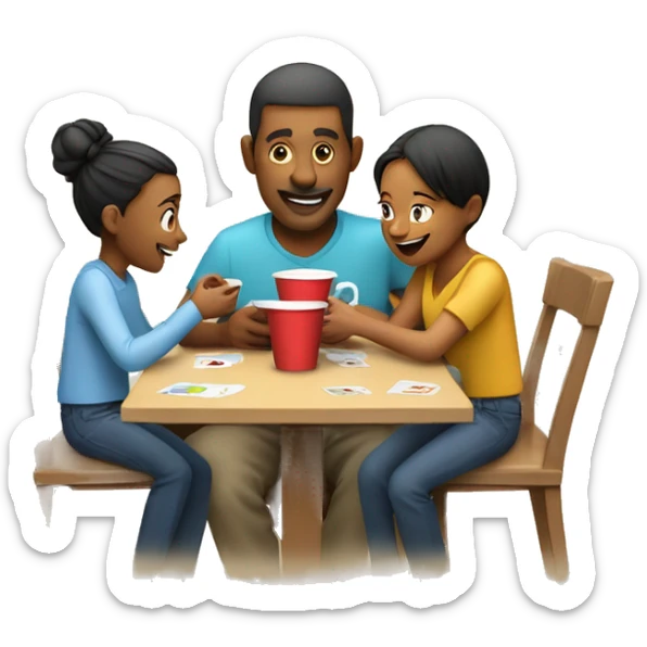 An emoji of a family—mother, father, and child—sitting at a table, playing a cup game with paper cups arranged on the table as they have fun together sticker