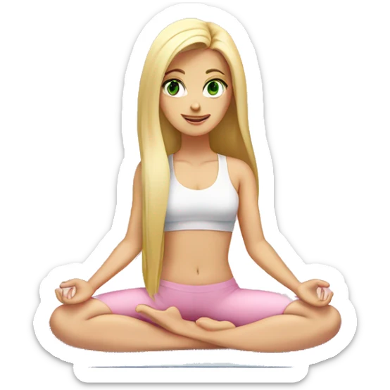 blonde long hair and green eyes yoga girl in light pink clothes sitting on a yoga mat sticker