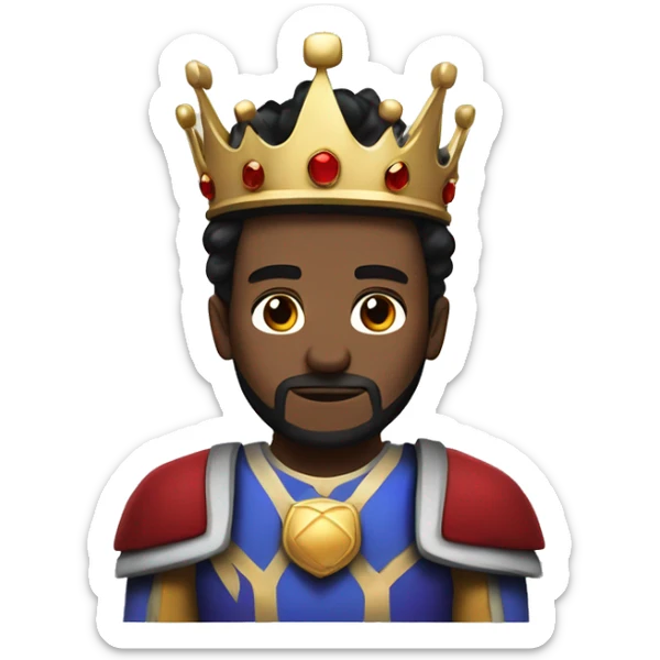 a white king with a crown, wearing blue, almost purple and red armor, black hair like jimmy neuton and dont have beard. sticker