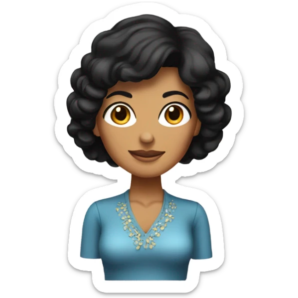 Tanned woman with black hair wearing 1970s style outfit and hair sticker