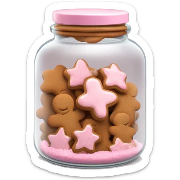 Realistic glass cookie jar with light pink lid full of gingerbread cookies isolated.  sticker